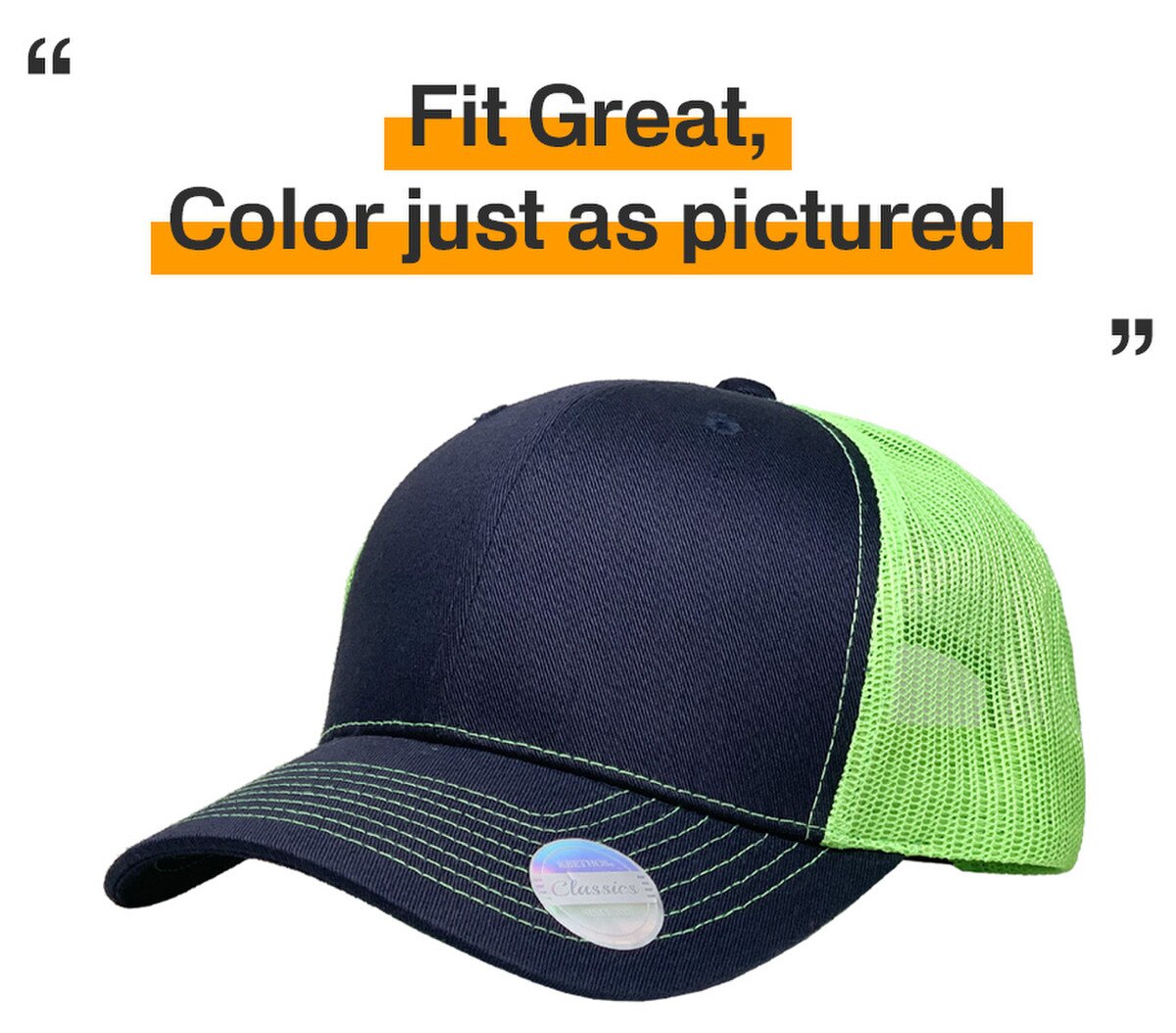 Navy Blue Neon Green Two Tone Classic 6 Panel Trucker Mesh Snapback Side View Fit Great